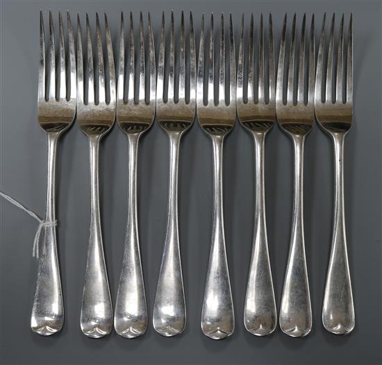 A set of eight silver Hanoverian pattern dessert forks